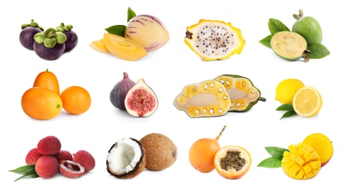 Preview: Set with different tasty exotic fruits on white background
