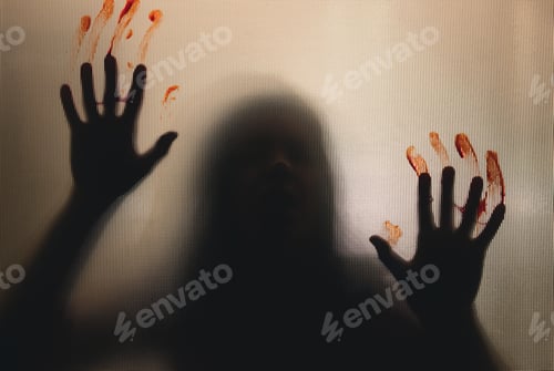 Preview: Shadowy figure with blood behind glass - horror background