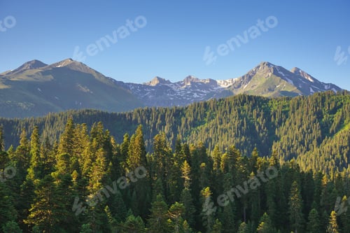 Preview: Nature landscape of sunlight on mountain peak panorama and green forest valley.