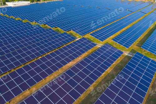 Preview: Aerial view of solar panels or solar cells on the roof in farm. Power plant for electric in industry