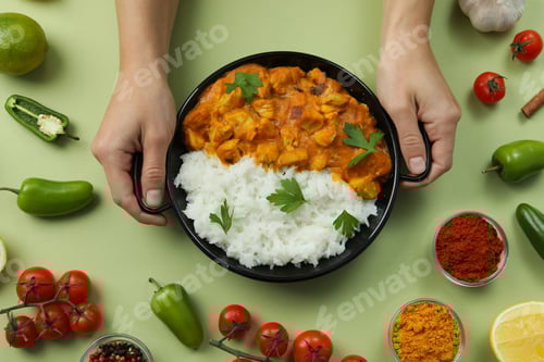 Preview: Female hands hold plate with chicken tikka and rice on green background