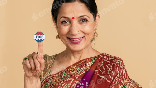 Preview: Indian woman showing a vote sticker