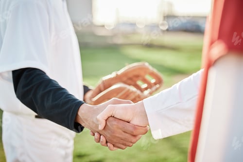 Preview: People, sports or handshake for team greeting, introduction or respect on baseball field together.