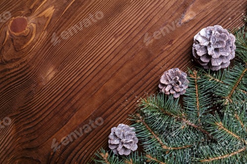 Preview: Christmas Background With Xmas Tree And Sparkle Bokeh Lights On Wooden Canvas Background. Merry
