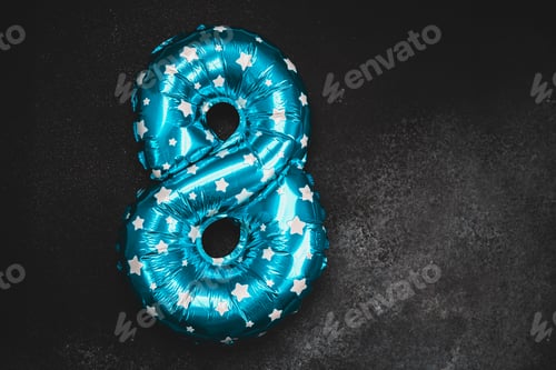 Preview: Bright blue star patterned balloon number eight on dark background
