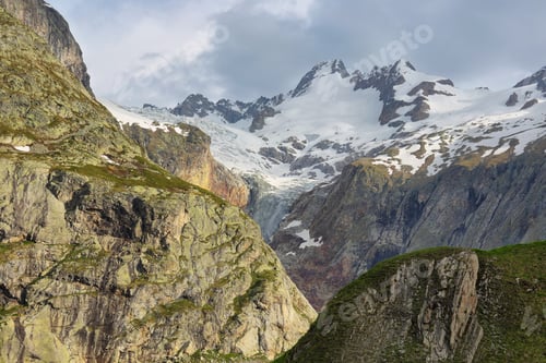 Preview: View of mountain peaks with glaciers in Val Ferret, Aosta valley, Italy