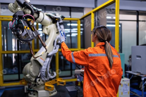Preview: Girl engineer commissioning operating programming and looking at robot machine in the factory