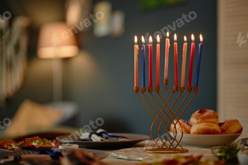 Preview: Hanukkah Menorah with Lit Candles Standing on Table during Festive Celebration