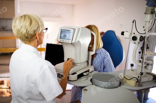 Preview: Women looking at eye test machine in ophthalmology clinic