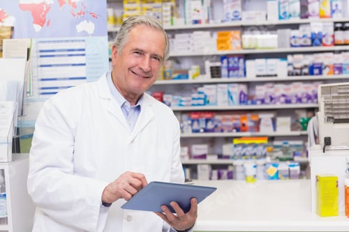 Preview: Senior male pharmacist using tablet behind pharmacy counter with brochure stand and medications