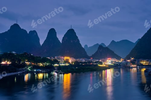 Preview: Yangshuo town illuminated in the evening, China