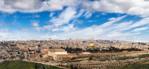 Preview: Panoramic aerial view of the Old City, Tomb of the Prophets and Dome of the Rock