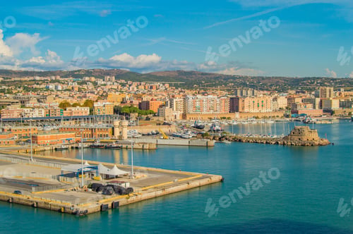Preview: View of Civitavecchia, Rome's cruise and ferry port. City in the background, Sunny day,