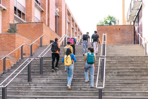 Preview: Diverse students with backpacks climbing stairs on campus