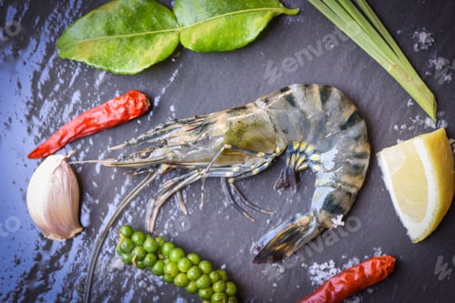 Vista previa: Shrimps prawns on a plate with herbs and spices