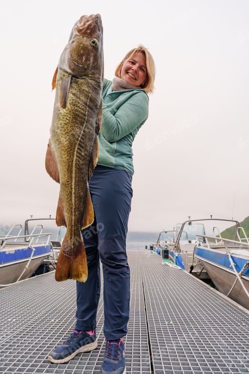 Preview: Happy Fisherwoman holding big arctic cod. Norway happy fishing. Woman with cod fish in hands