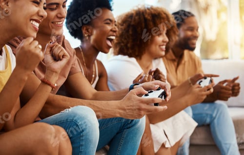 Preview: Group of friends together on sofa, video game fun and relax in home living room playing with intern