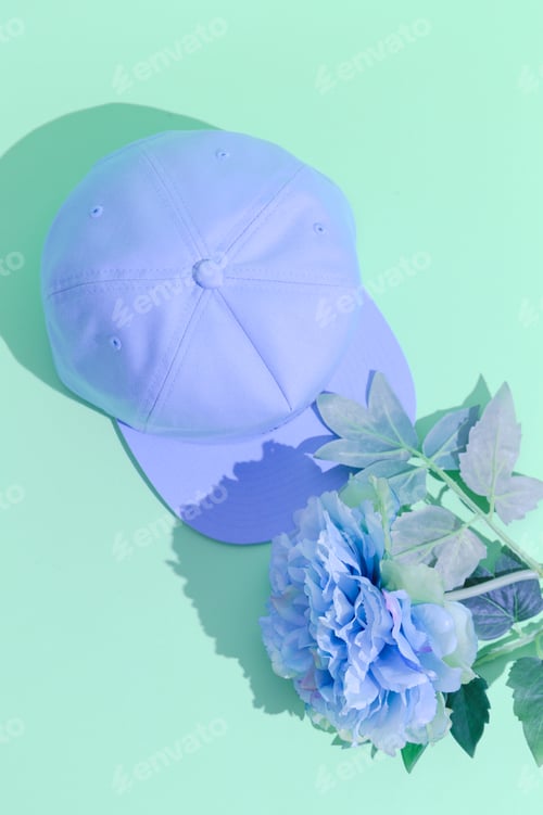 Preview: Plastik blue flowers and cap. Minimal design. Fashion accessories concept