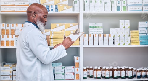 Preview: Pharmacy, senior man and checklist clipboard for stock, inventory and pills, prescription and check