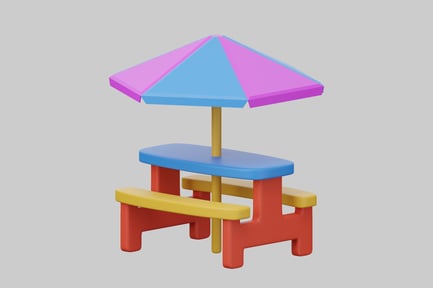 Vista previa: Los niños juegan con mesa de picnic y sombrilla