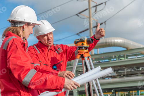Preview: Construction workers or engineer examine blueprints outdoors and using surveying equipment