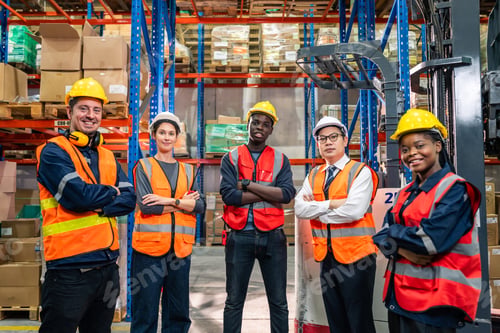 Preview: Portrait group of diverse industry worker working in factory warehouse.