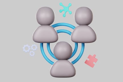 Visualização: Três pessoas conectadas por um círculo azul