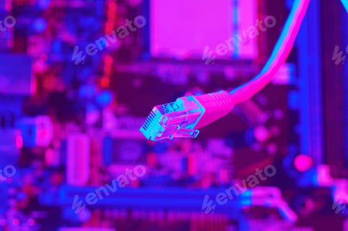 Preview: Modern technology network cable in neon light.