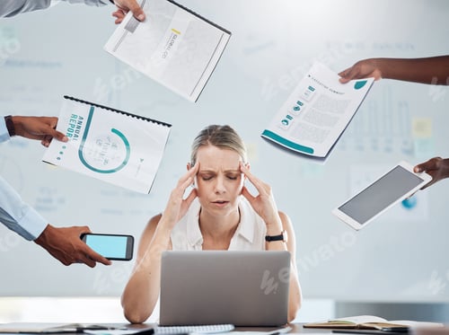 Preview: Stress, anxiety and business woman working under pressure with mental health burnout in busy, task