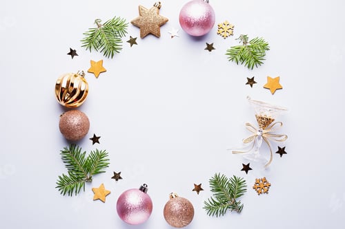 Visualização: Moldura redonda de Natal com enfeites dourados e rosa