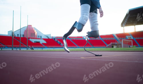 Preview: Disabled athletes with running blade used for short races on a running track.