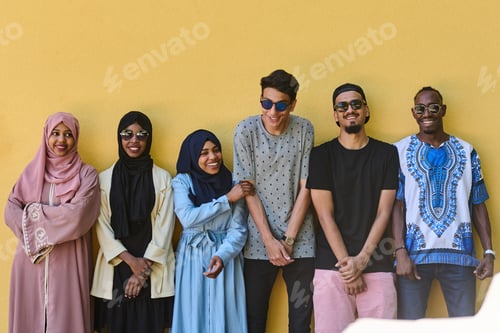 Preview: Urban Unity: Vibrant Diversity People in Front of the Yellow Wall