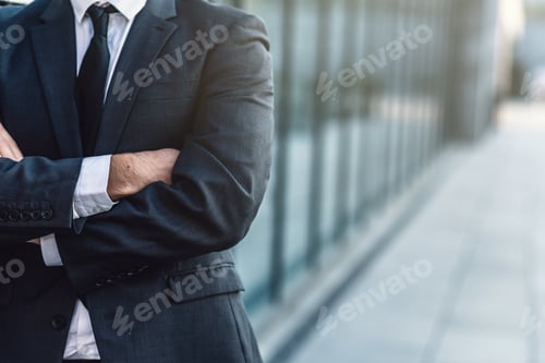 Preview: Businessman crossing his hands posing on background of office building