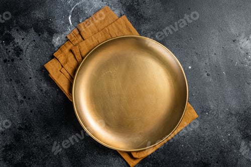 Preview: Food cooking and healthy eating background, Empty metal craft plate on table. Black background