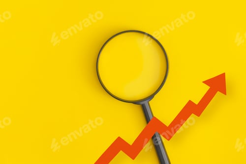 Preview: Business growth concept. Financial report with graphs, arrow and magnifier on yellow background