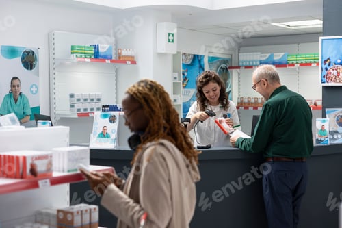 Preview: Senior male customer discuss with drugstore employee at the cash register
