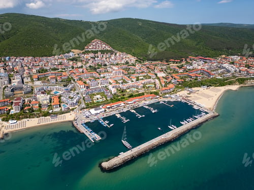 Preview: Aerial view of Sveti Vlas, a Bulgarian seaside resort town with a marina, beaches