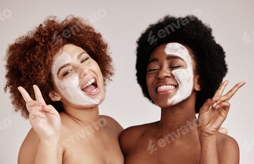Preview: Face mask, peace sign and friends portrait with happiness for sleepover skincare. Wellness, women s