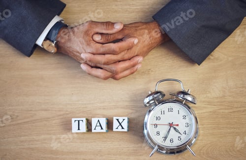 Preview: Taxes, clock and hands of person with building blocks on table from above for planning, future and
