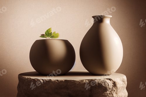 Preview: minimal design decoration of clay vase,white candle,pampas grass on natural stone podium, copy space
