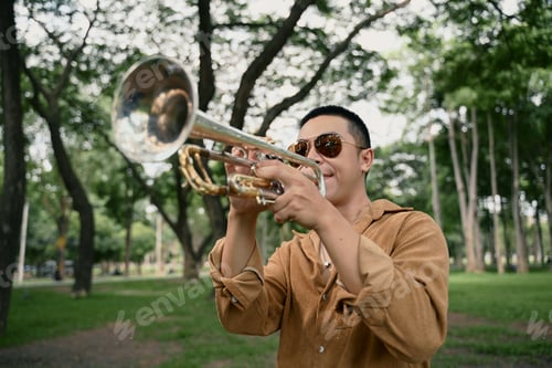 Preview: Trumpet player enjoying music under the trees on a sunny day in the park