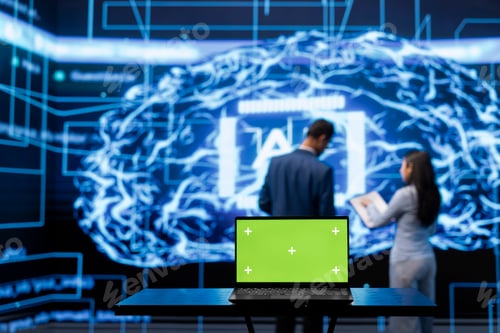 Preview: AI engineers using isolated screen device for business data analysis