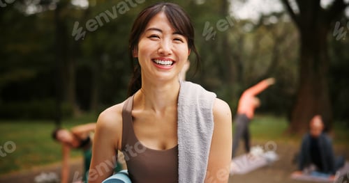Preview: Outdoor, woman and happy on portrait for yoga session with mat for health, self care and wellbeing