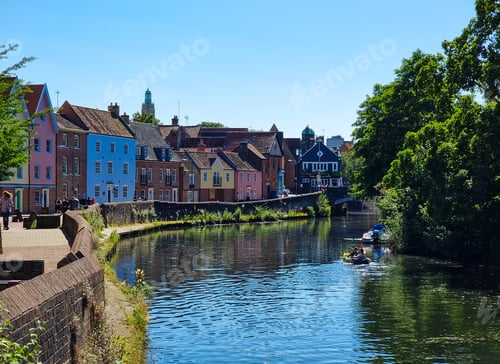 Preview: Colourful houses on the River Wensum in Norwich, Norfolk, England