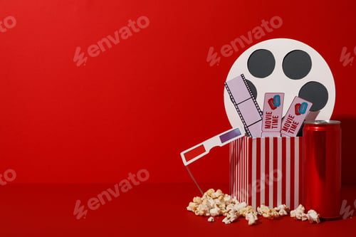 Preview: Popcorn, box with movie supplies and soda in can on red background, space for text