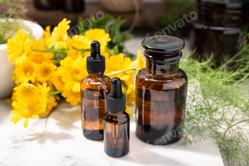 Preview: Herbal oil, essential oil, perfume on amber glass bottles