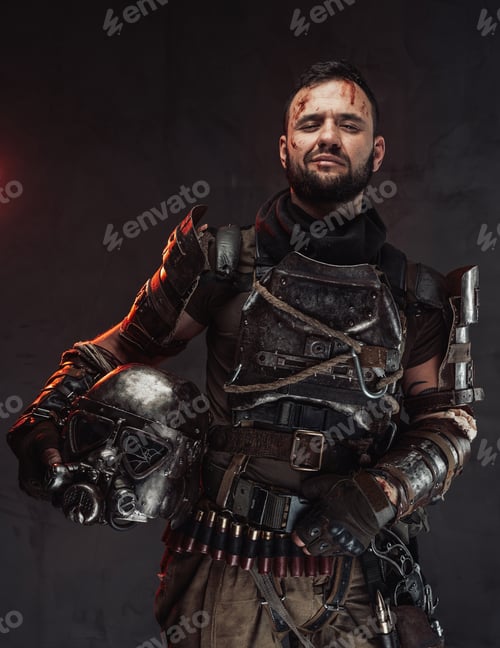Preview: Joyful apocalyptic soldier with helmet in dark background