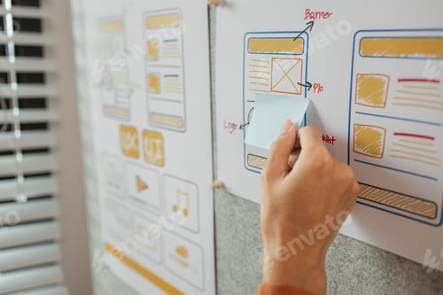 Preview: UI UX designers team working on new website wireframe in office