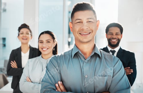 Vista previa: Business people, leadership and portrait of proud team in office for collaboration, support and tea