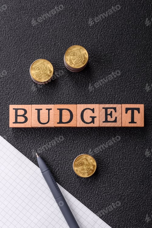 Preview: Inscription Budget wooden cubes, concept background with copy space